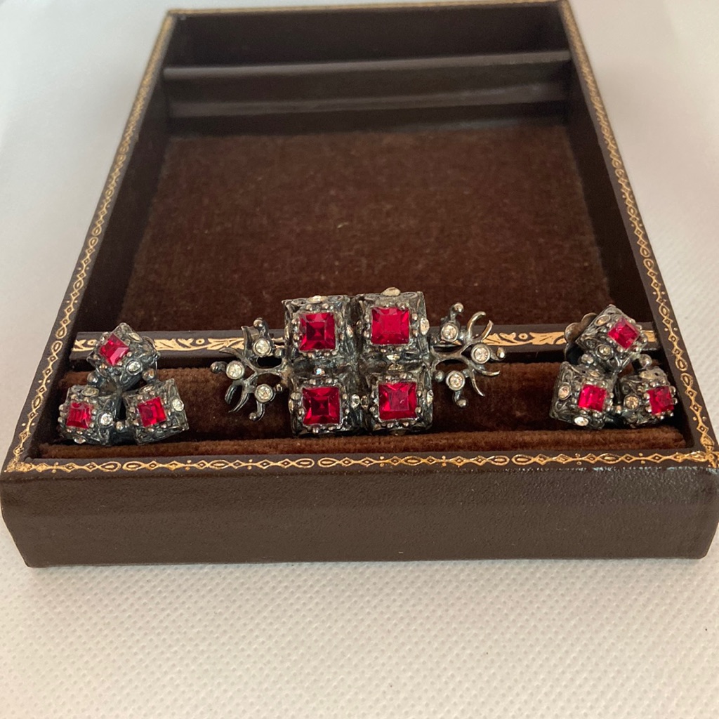 Vogue Jewelry Brooch  Earrings  Marked Vogue Jlry Red Foil Backed Rhinestone